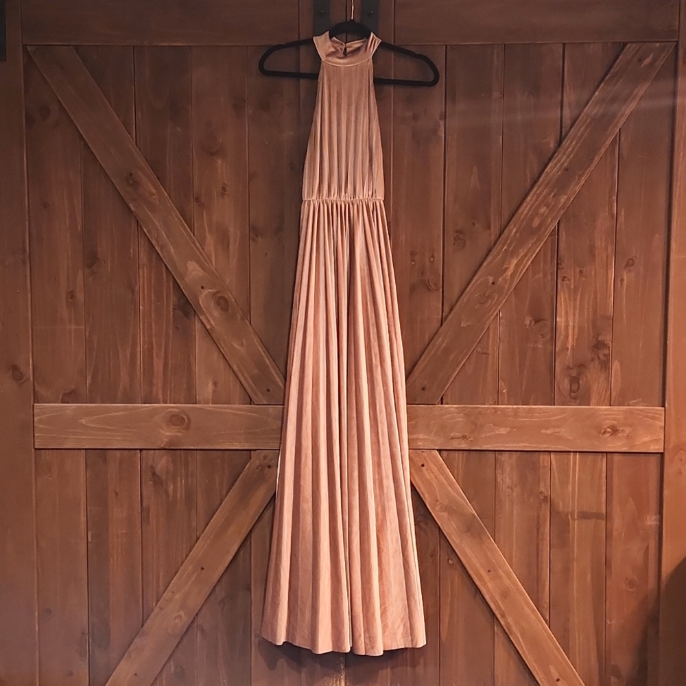 ASOS Size 2 Champagne/Light Rose halter pleated waisted maxi dress in velvet